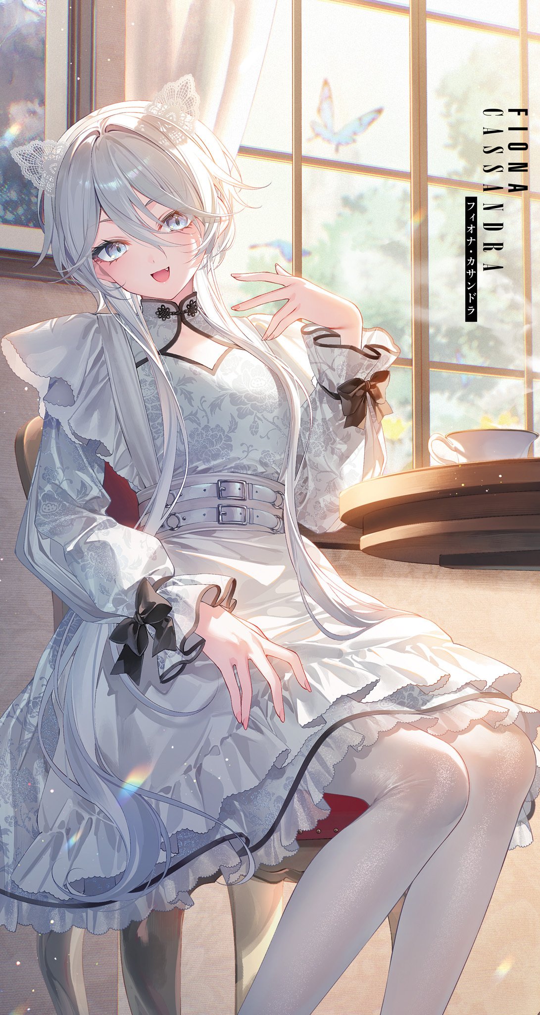 1girl, belt, black_bow, blue_butterfly, blurry, blurry_background, bow, bug
