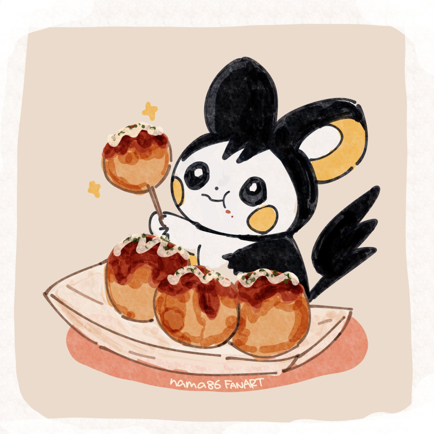 artist_name, black_fur, eating, emolga, food, highres, holding, holding_food, nama86, no_humans, pokemon, pokemon_(creature), solo, tail, two-tone_fur, white_fur