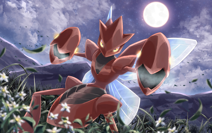 absurdres, blurry, clouds, commentary_request, crudefish, falling_leaves, fighting_stance, flower