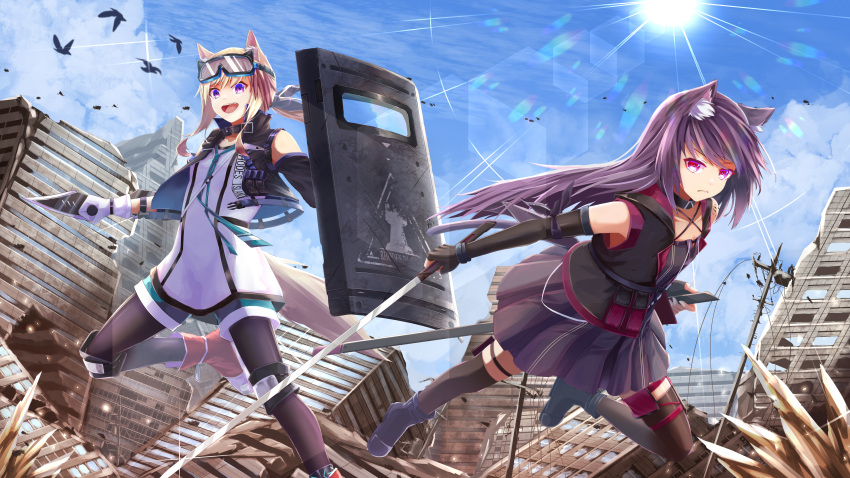 2girls, absurdres, animal_ear_fluff, animal_ears, arknights, ballistic_shield, bird, black_pantyhose