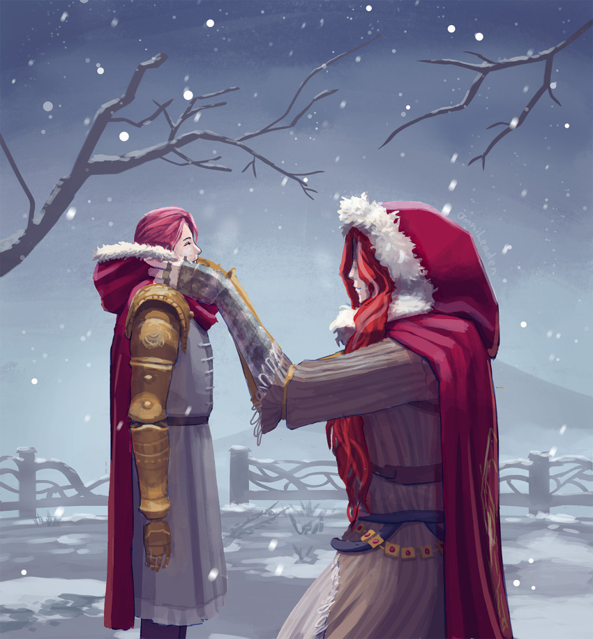 2girls, amputee, branch, closed_eyes, coat, elden_ring, fromsoftware, height_difference