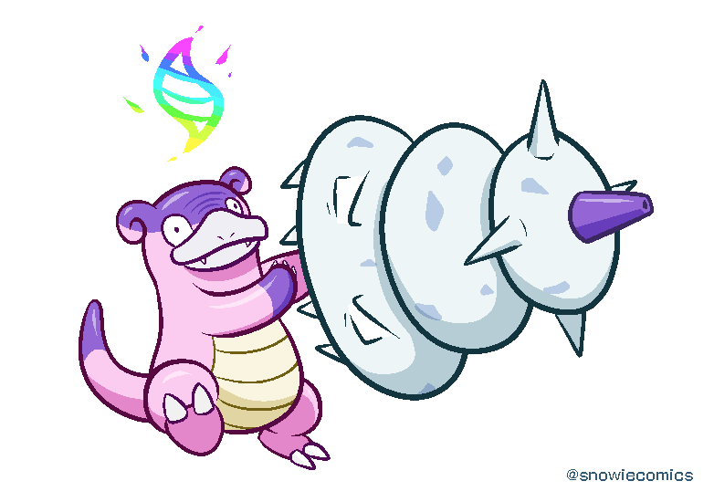 closed_mouth, commentary_request, fangs, flat_color, full_body, galarian_slowbro, mega_evolution_symbol, mega_pokemon_(other), mega_slowbro, no_humans, nostrils, pokemon, pokemon_(creature), pokemon_focus, simple_background, slowbro, smile, snowiecomics, solo, white_background