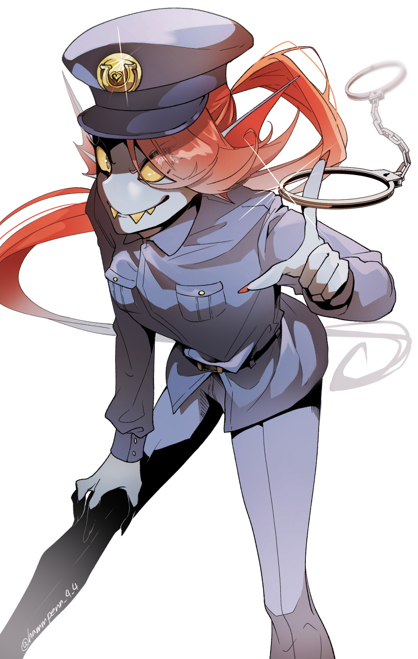 1girl, absurdres, belt, bent_over, black_belt, blue_hat, blue_jacket, blue_pants, breasts, buttons, chief_undyne, closed_mouth, collared_jacket, colored_sclera, colored_skin, colored_teeth, commentary_request, cuffs, deltarune, denim, eyes_visible_through_hair, fangs, feet_out_of_frame, fins, grey_eyes, grey_skin, hair_over_one_eye, hammpenn, hand_on_own_thigh, handcuffs, hat, head_fins, high_ponytail, highres, holding, holding_handcuffs, index_finger_raised, jacket, jeans, long_hair, long_sleeves, looking_at_viewer, nail_polish, pants, pocket, police, police_hat, police_uniform, policewoman, ponytail, red_hair, red_nails, simple_background, small_breasts, smile, solo, sparkle, standing, twitter_username, undyne, utdr_(toby_fox), very_long_hair, white_background, yellow_sclera, yellow_teeth