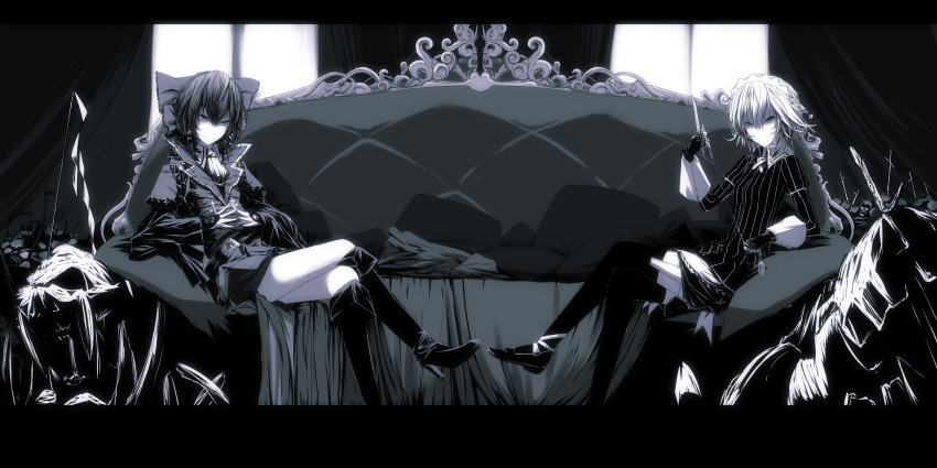 absurdres, boots, couch, crossed_legs, gohei, hakurei_reimu, highres, izayoi_sakuya