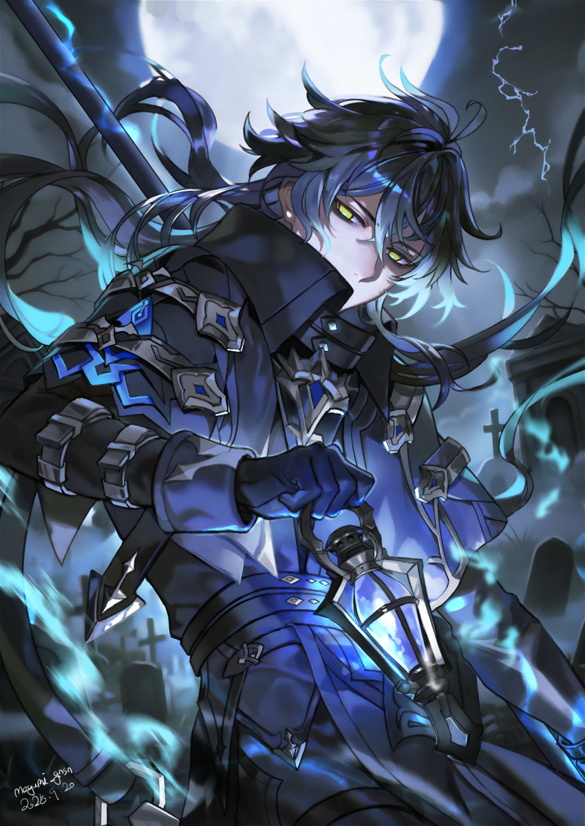 1boy, bare_tree, black_coat, black_gloves, black_hair, black_sky, clouds, coat, commentary, cowboy_shot, dated, english_commentary, flins_(genshin_impact), full_moon, genshin_impact, gloves, grave, high_collar, highres, hizuki24, holding, holding_lantern, lantern, long_hair, looking_at_viewer, male_focus, mausoleum, moon, night, night_sky, ponytail, serious, signature, sky, solo, tombstone, tree, very_long_hair, yellow_eyes