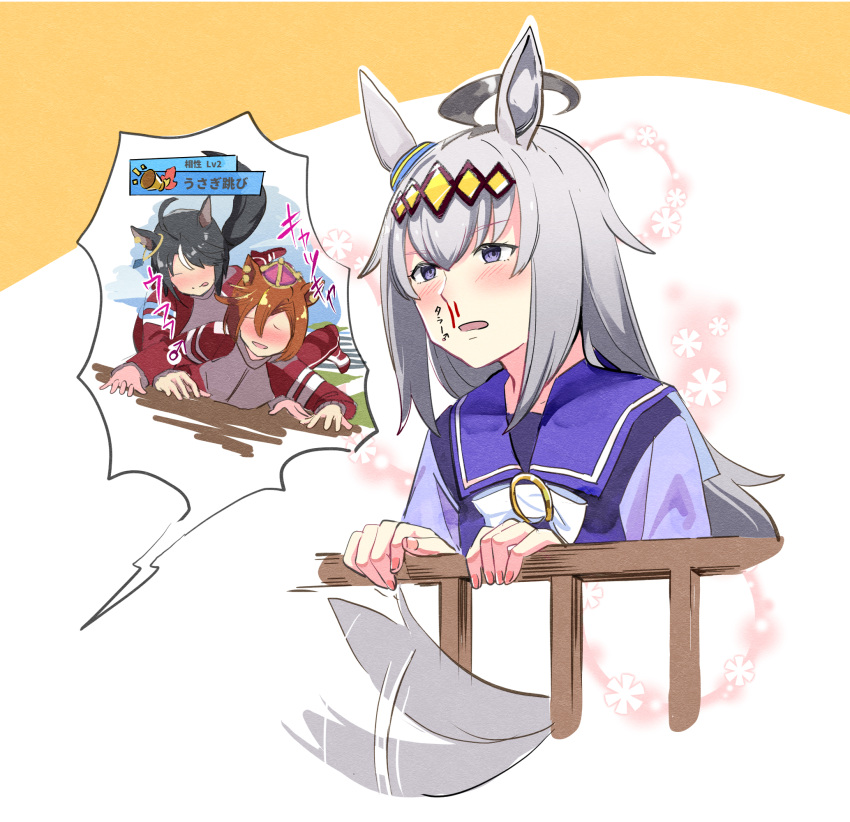 3girls, ahoge, animal_ears, aroused_nosebleed, black_hair, blood, blush, brown_hair
