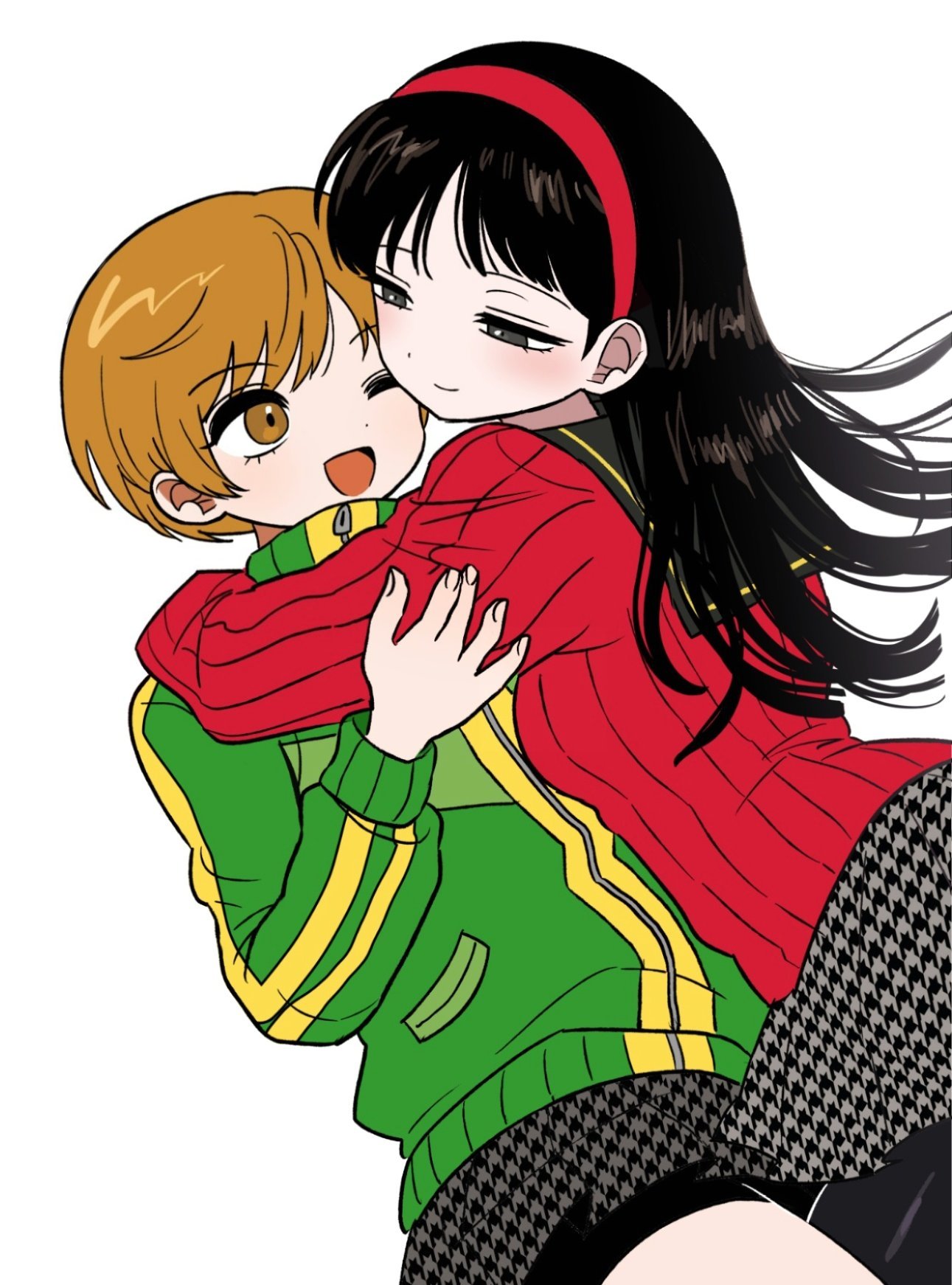 2girls, amagi_yukiko, bike_shorts, bike_shorts_under_skirt, black_eyes, black_hair, black_sailor_collar, blush