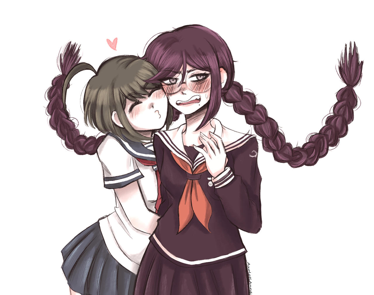 2girls, ahoge, axolotl-anne, blue_sailor_collar, blue_sky, blush, braid, closed_eyes