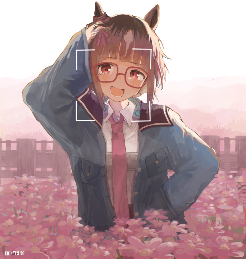 1girl, :d, absurdres, animal_ears, arm_up, blue_jacket, blush, brown_hair