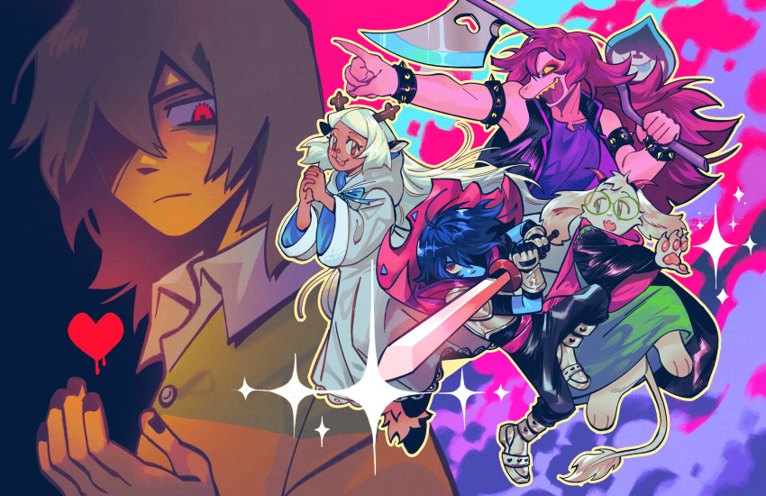 2boys, 2girls, 2others, absurdres, antlers, armlet, axe, blonde_hair, blue_skin, bracelet, colored_skin, cyani07, deltarune, dual_persona, furry, furry_female, furry_male, glasses, goat_boy, goat_horns, hair_over_one_eye, highres, holding, holding_axe, holding_sword, holding_weapon, hooded_robe, horns, jewelry, kris_(dark_world)_(deltarune), kris_(deltarune), lancer_(deltarune), multiple_boys, multiple_girls, multiple_others, noelle_holiday, noelle_holiday_(dark_world), open_mouth, over_shoulder, purple_hair, purple_skin, ralsei, red_eyes, reindeer_antlers, reindeer_girl, reptile_girl, robe, sharp_teeth, soul_(deltarune), spiked_armlet, spiked_bracelet, spikes, susie_(dark_world)_(deltarune), susie_(deltarune), sword, teeth, utdr_(toby_fox), weapon, weapon_over_shoulder, white_robe