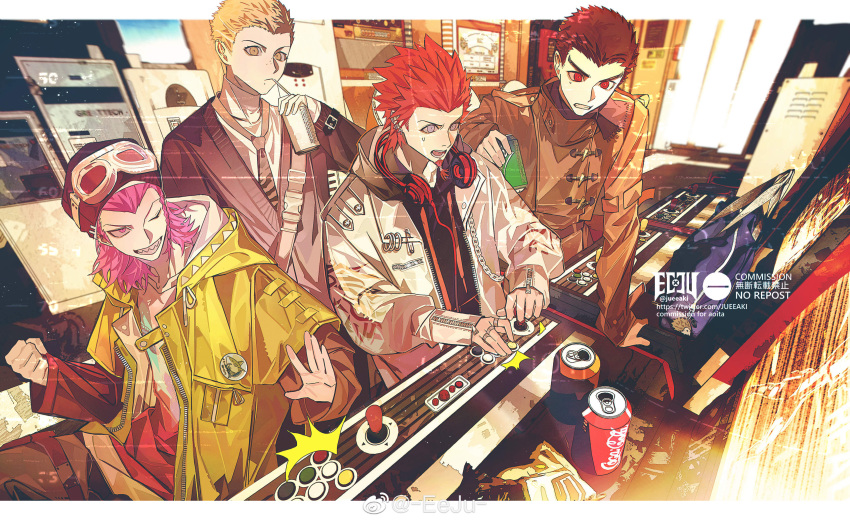 4boys, absurdres, arcade_cabinet, bag, beanie, beard, blonde_hair, brown_coat