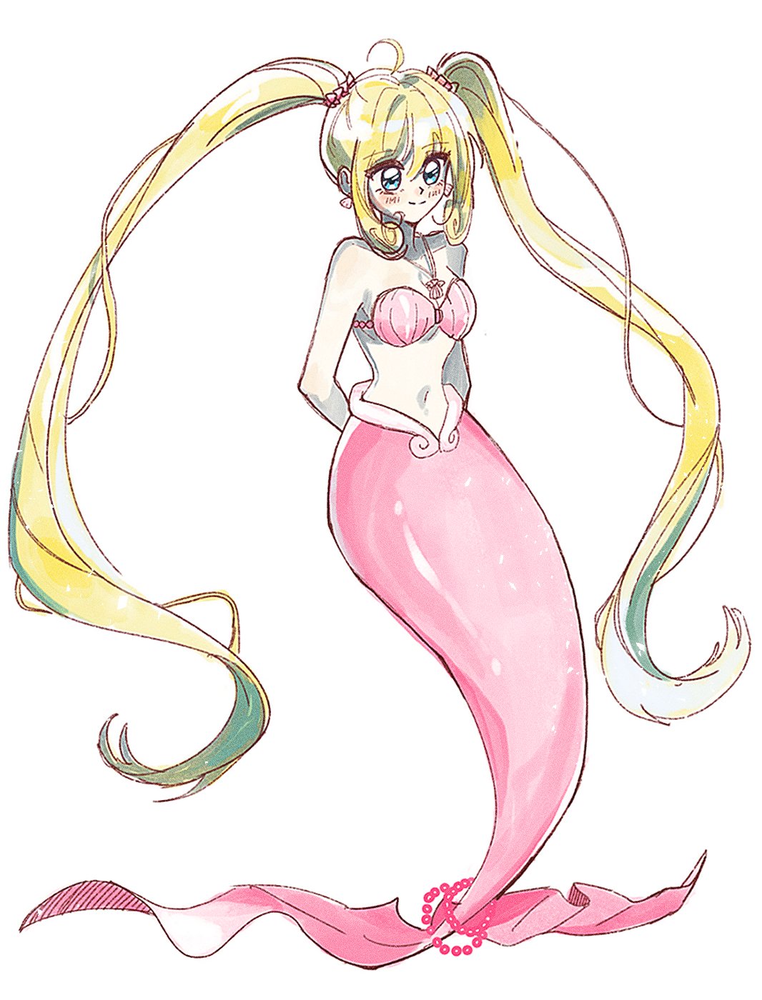 1girl, ahoge, arms_behind_back, bikini, blonde_hair, blue_eyes, commentary, earrings