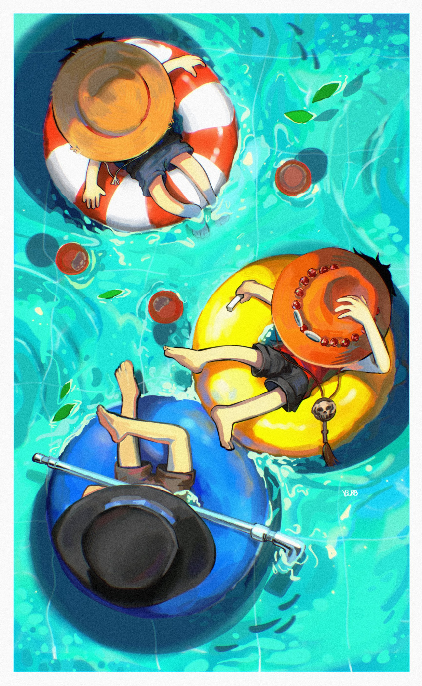 3boys, absurdres, afloat, aged_down, barefoot, black_shorts, border, brown_hat