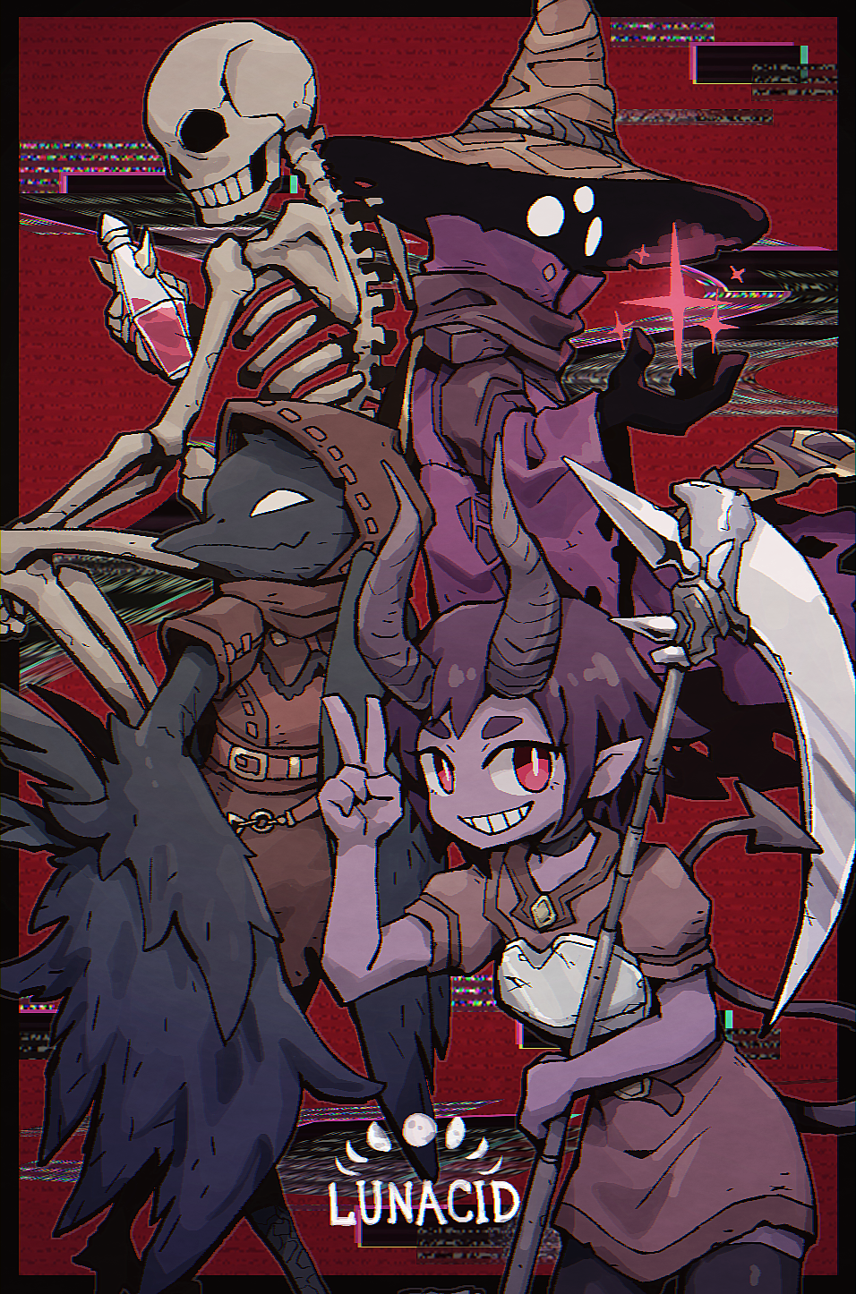 2girls, 2others, armor, bird, bird_legs, black_border, black_horns, border