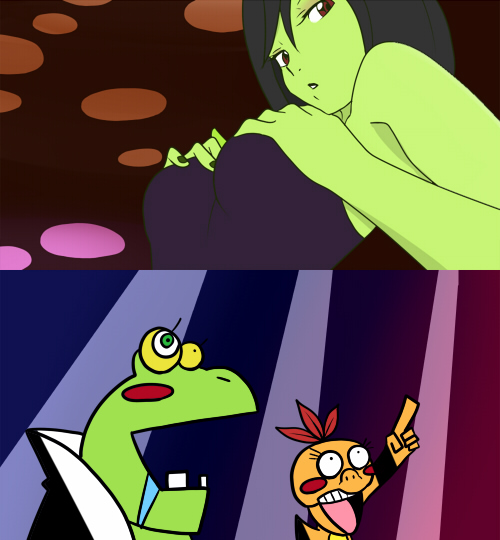 banjo-kazooie, black_hair, blush, brown_eyes, crossover, drooling, feathers, green_skin, gruntilda, gruntilda_(banjo-kazooie), klungo_(banjo-kazooie), mumbo_jumbo, mumbo_jumbo_(banjo-kazooie), nail, panty_&amp;_stocking_with_garterbelt, parody, pointing, rareware, simple_background, style_parody, surprised