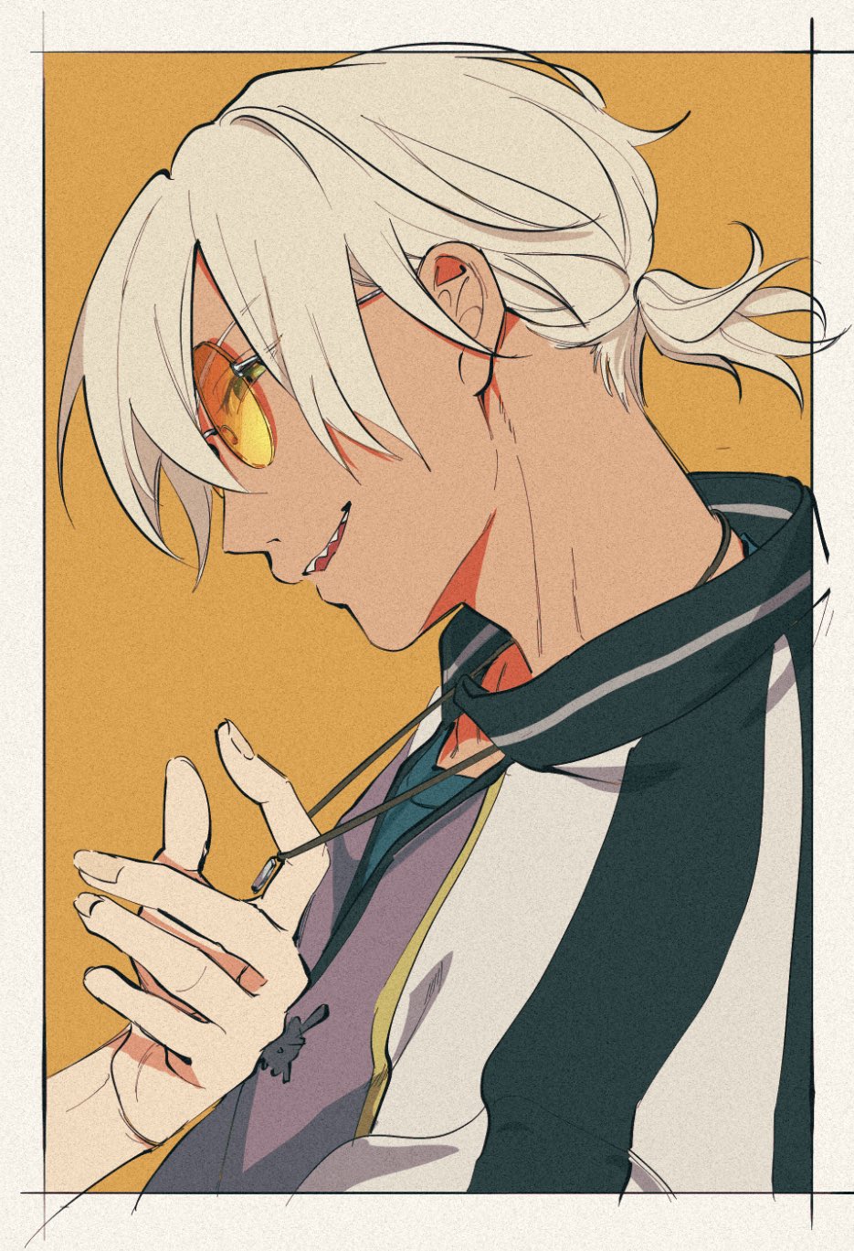 1boy, blonde_hair, blue_shirt, border, commentary_request, fingernails, highres, jacket
