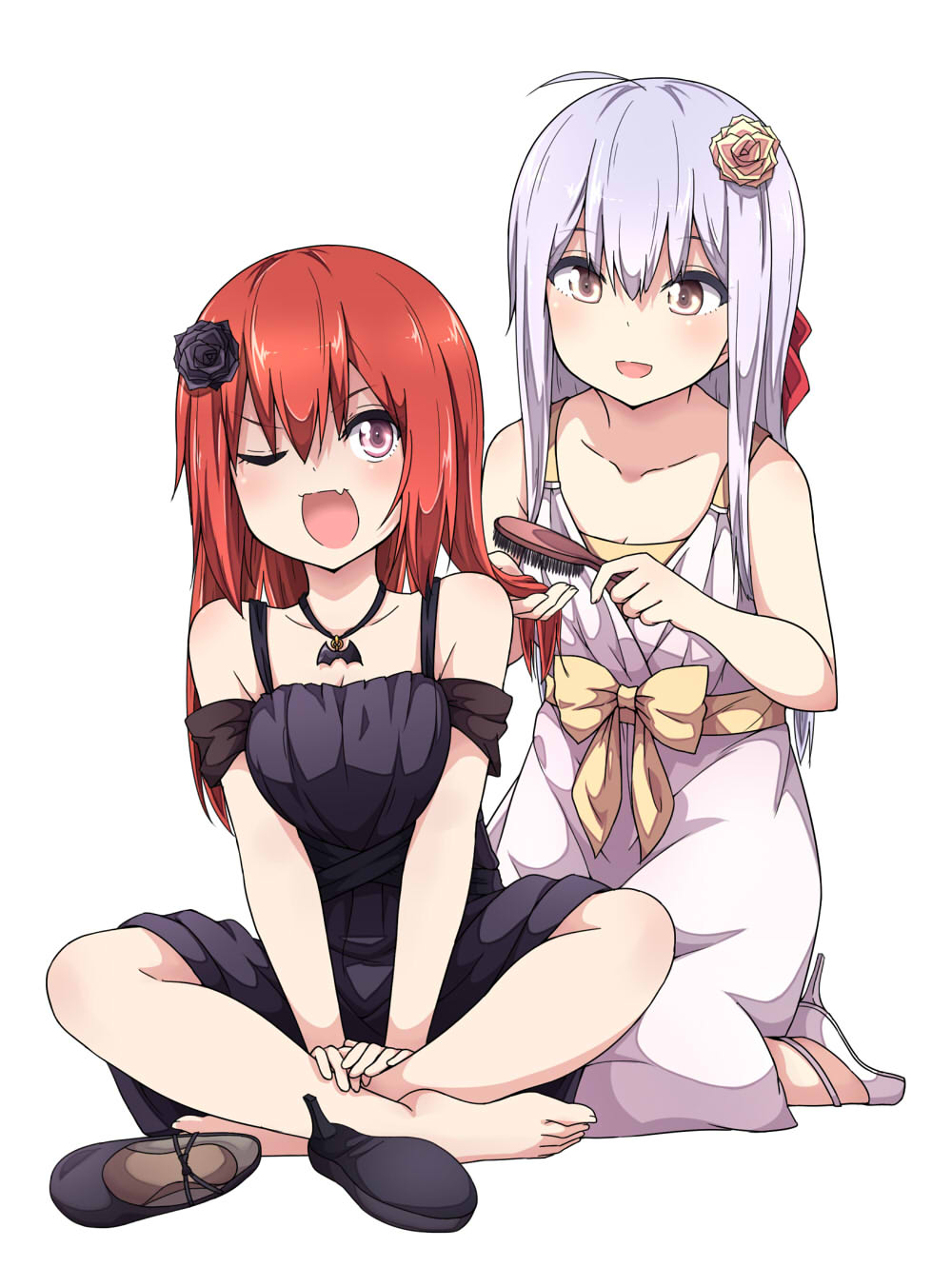 2girls, black_dress, black_shoes, blush, breasts, brushing_hair, collar, collarbone, dress, flower, gabriel_dropout, hair_down, hair_flower, hair_ornament, highres, long_hair, long_sleeves, looking_at_another, medium_breasts, multiple_girls, official_art, one_eye_closed, open_mouth, raphiel_shiraha_ainsworth, red_hair, satanichia_kurumizawa_mcdowell, shoes, simple_background, sitting, ukami, white_background, white_dress, white_hair, white_shoes, yellow_eyes