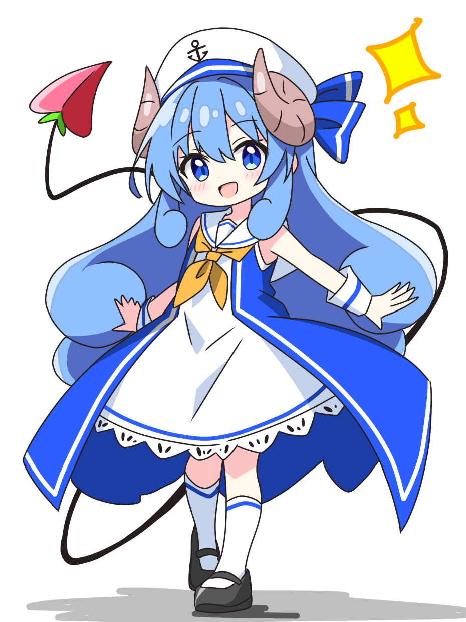 1girl, :d, alternate_eye_color, alternate_hair_color, black_shoes, blue_dress, blue_eyes, blue_hair