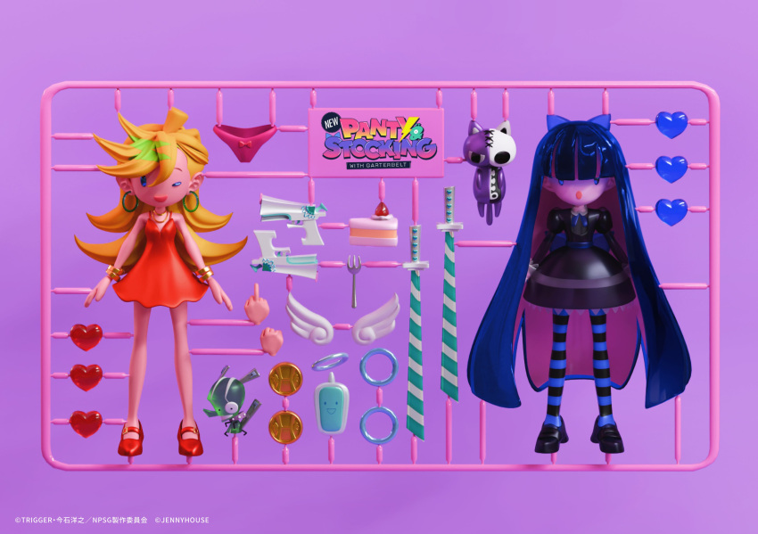 2girls, 3d, absurdres, angel_wings, aqua_eyes, arms_at_sides, artist_name, asymmetrical_bangs