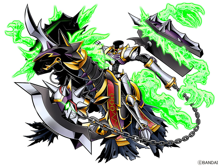 animate_object, armor, ball_and_chain_(weapon), digimon, digimon_(creature), digimon_card_game, digimon_liberator, disembodied_head, dullahamon, dullahan, full_body, glowing, glowing_eyes, green_eyes, knight, riding, sharp_teeth, spike_ball, spiked_ball_and_chain, teeth, weapon, white_armor