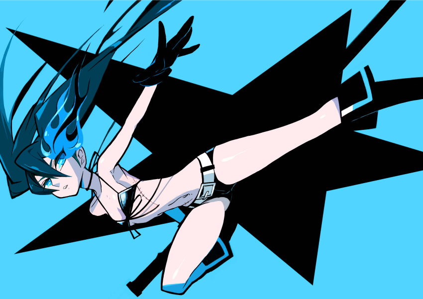 belt, bikini_top, black_hair, black_rock_shooter, black_rock_shooter_(character), blue_eyes, boots, gloves
