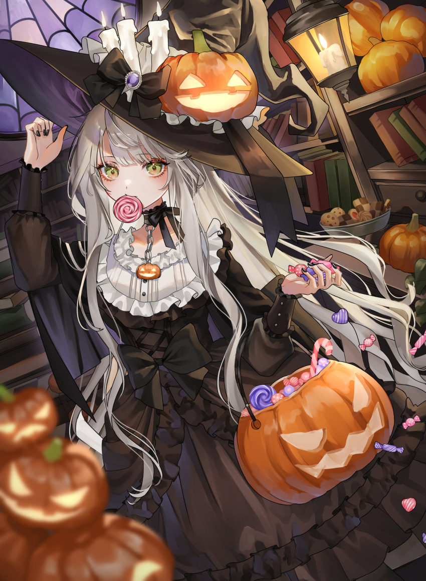 1girl, absurdres, arm_up, black_bow, black_choker, black_dress, black_hat, blurry