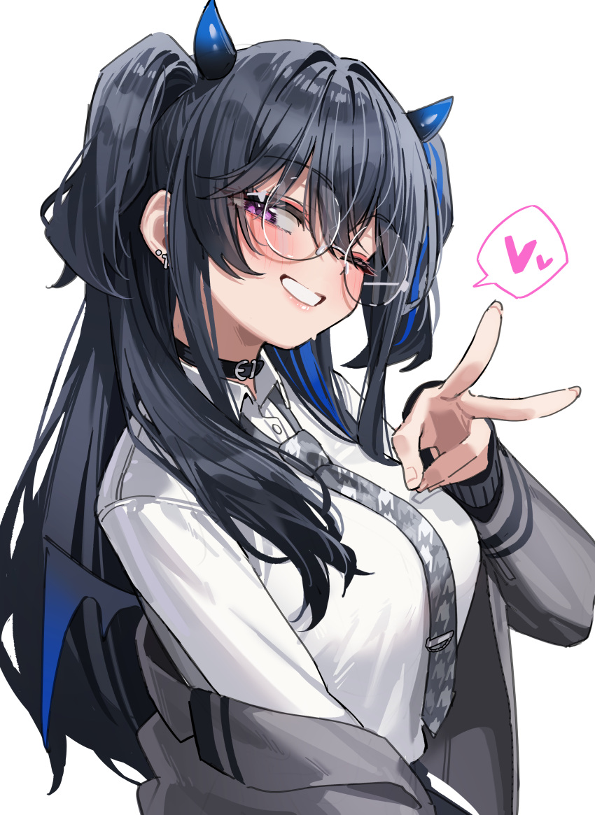 1girl, absurdres, black_hair, black_horns, blush, breasts, coat, demon_girl