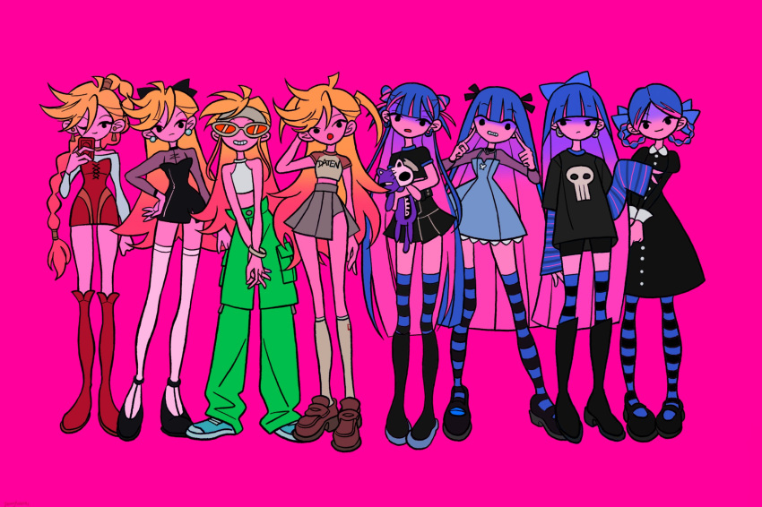 6+girls, ahoge, alternate_costume, alternate_hairstyle, aqua_dress, aqua_pants, aqua_shoes, arm_at_side
