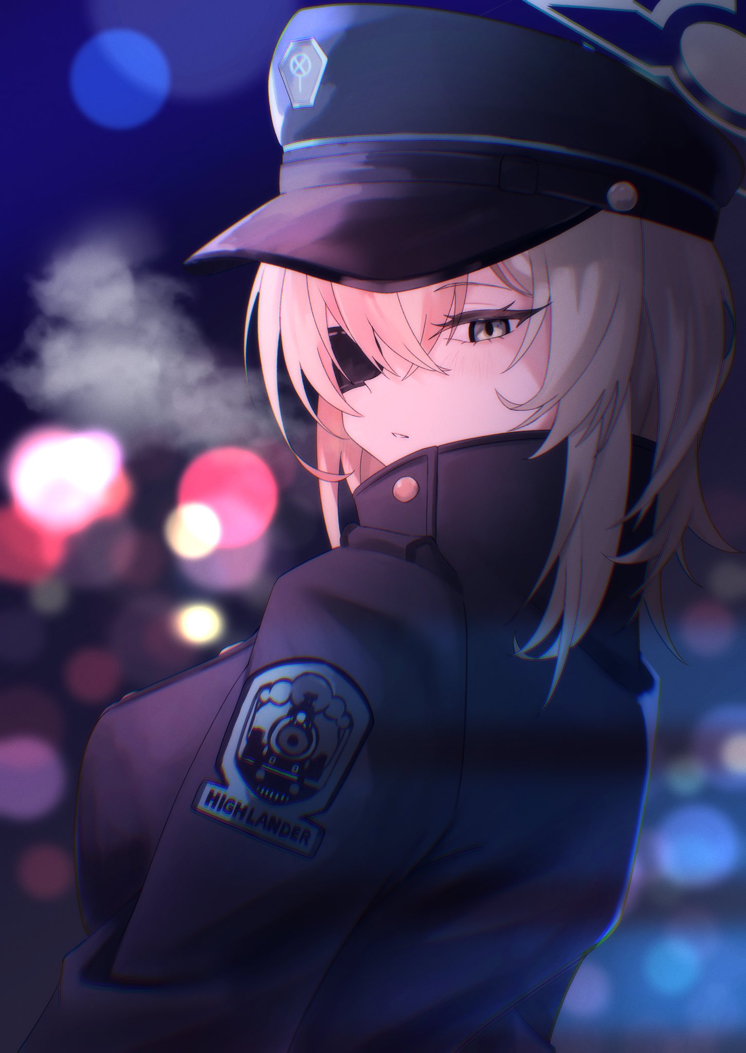 1girl, blonde_hair, blue_archive, blue_coat, breasts, coat, eyepatch, grey_eyes, hat, highres, large_breasts, looking_at_viewer, looking_back, medium_hair, military_hat, one_eye_covered, solo, suou_(blue_archive), takamalu08_12