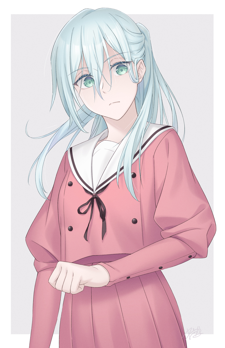 1girl, closed_mouth, fukadou_magorona, green_eyes, grey_background, hair_between_eyes, highres, hoshina_subaru, kaoru_hana_wa_rin_to_saku, kikyo_private_academy_school_uniform, long_hair, long_sidelocks, pink_shirt, pink_skirt, pleated_skirt, ponytail, puffy_sleeves, school_uniform, serafuku, serious, shirt, sidelocks, skirt, white_hair