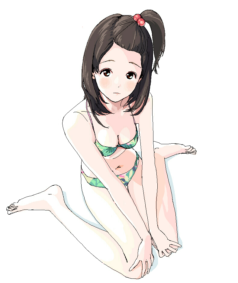 bikini, black_hair, breasts, brown_eyes, brown_hair, cleavage, face, feet
