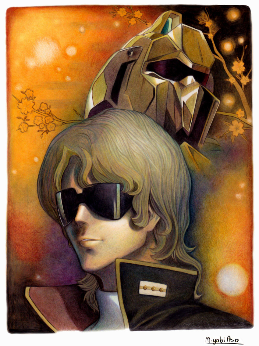 1boy, absurdres, aeug, artist_name, blonde_hair, collar, colored_pencil_(medium), gundam