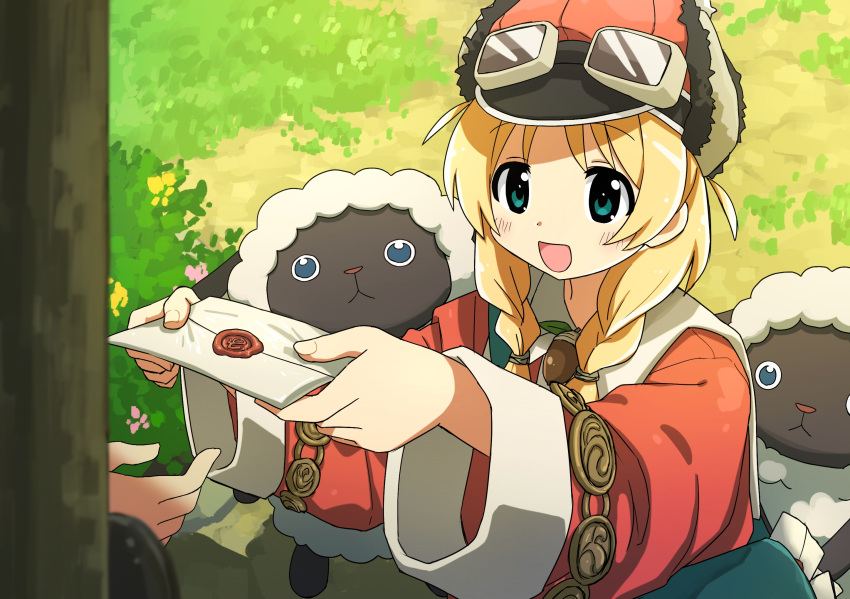 1girl, 1other, :d, acorn, annette_(rune_factory), aqua_eyes, blonde_hair, braid