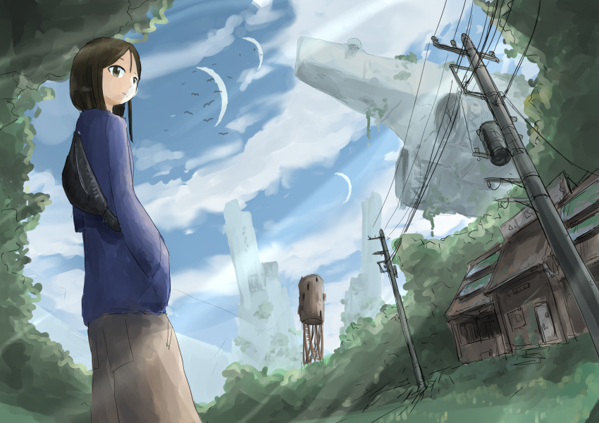 absurdres, black_hair, blue_sky, building, day, doroni_max, highres, looking_at_viewer