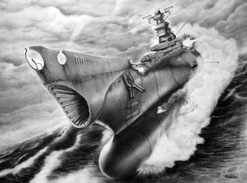 explosion, greyscale, highres, miyabi_asou, monochrome, no_humans, ocean, ship