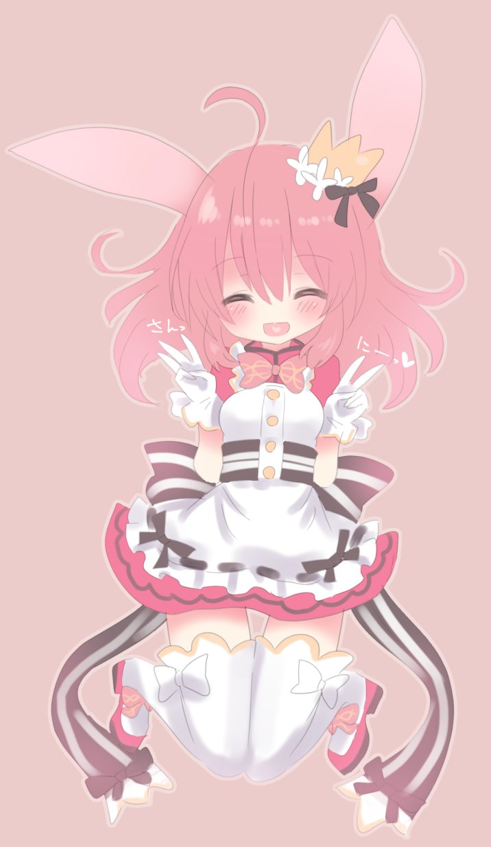 1girl, ^_^, ahoge, animal_ears, apron, black_ribbon, black_sash, boots, closed_eyes, crown, double_v, dress, emil_chronicle_online, frilled_apron, frills, gloves, hair_ribbon, highres, minnie_doe_alma, neck_ribbon, open_mouth, pink_background, pink_boots, pink_dress, pink_hair, pink_ribbon, rabbit_ears, rabbit_girl, ribbon, sash, smile, solo, thigh-highs, v, valucard_eco, white_apron, white_gloves, white_thighhighs
