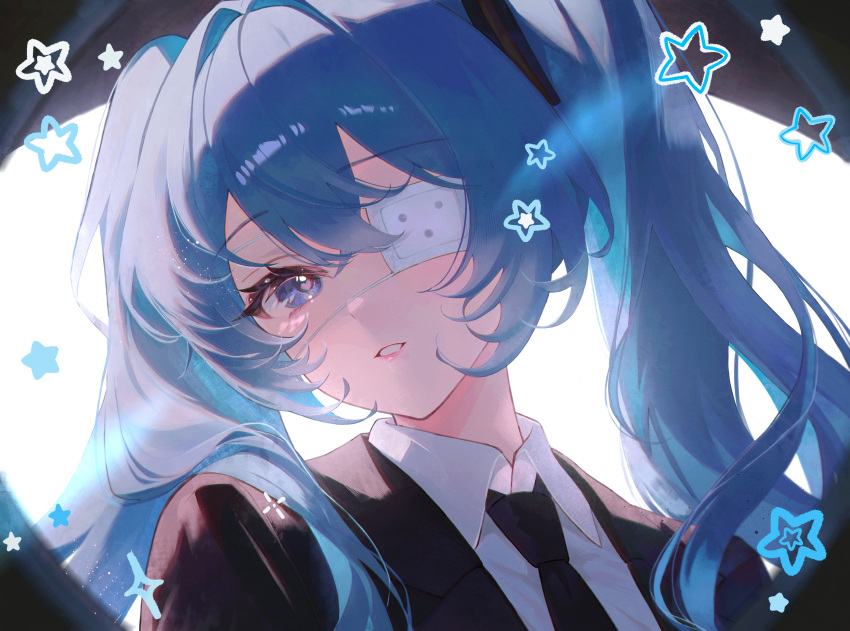 1girl, absurdres, black_jacket, black_necktie, blue_eyes, blue_hair, blush, collared_shirt