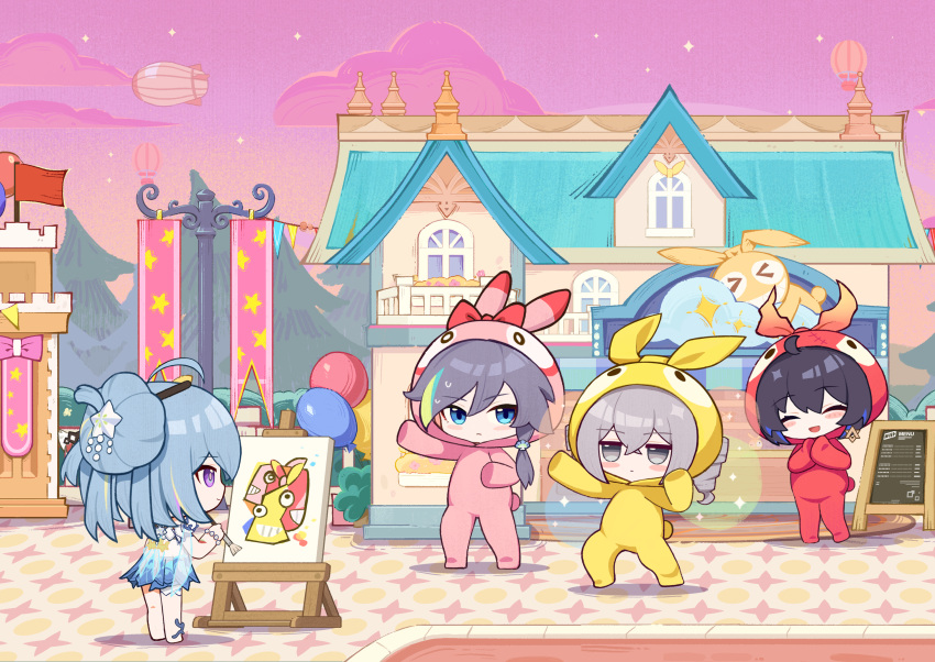 4girls, ahoge, balloon, black_hair, blue_eyes, blue_hair, blunt_bangs, bronya_zaychik