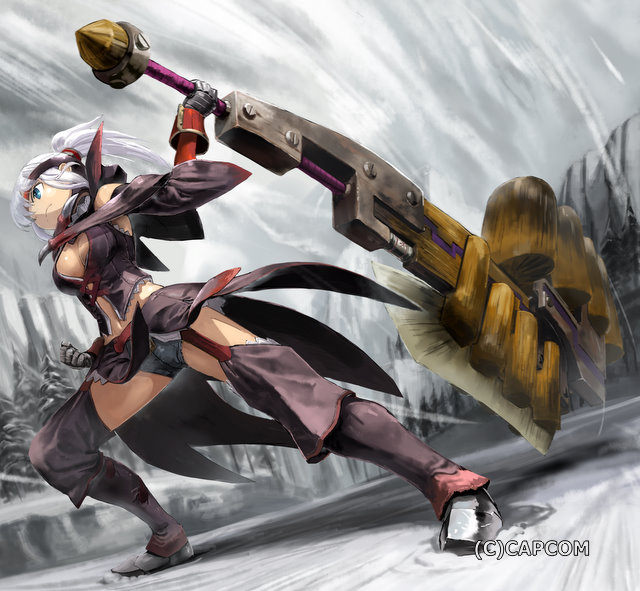 attack, blue_eyes, boots, breasts, character_request, cleavage, garter_straps, garters, gigginox_(armor), gloves, monster_hunter, monster_hunter_3, shorts, switch_axe, thigh-highs, thigh_boots, thighhighs, weapon, white_hair
