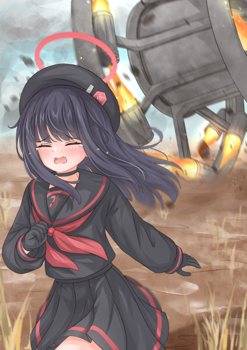 1girl, absurdres, beret, black_choker, black_gloves, black_hair, black_hat, black_sailor_collar