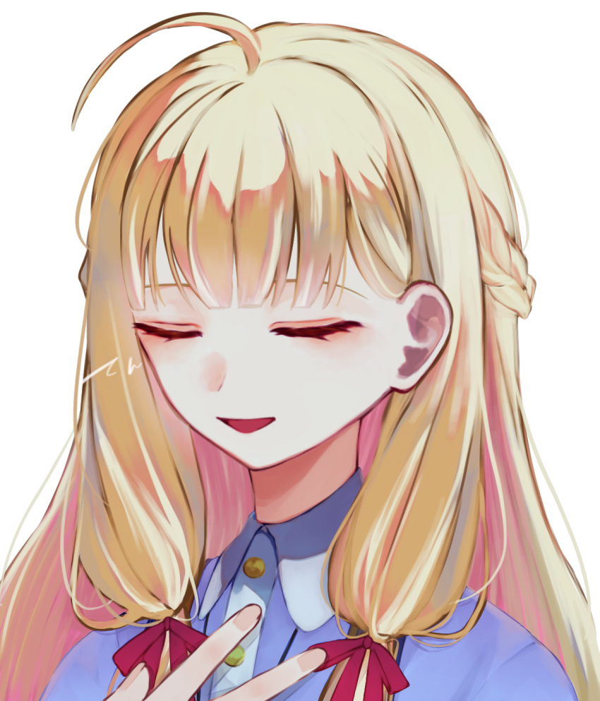 1girl, ahoge, blonde_hair, blue_shirt, blunt_bangs, buttons, closed_eyes, collared_shirt, contrast_collar, gold_buttons, hair_ribbon, hand_on_own_chest, highres, long_hair, open_mouth, purple_vest, red_ribbon, ribbon, shirt, simple_background, smile, solo, sonia_(tales_of_crestoria), tales_of_(series), tales_of_crestoria, upper_body, user_hhak8737, vest, white_background