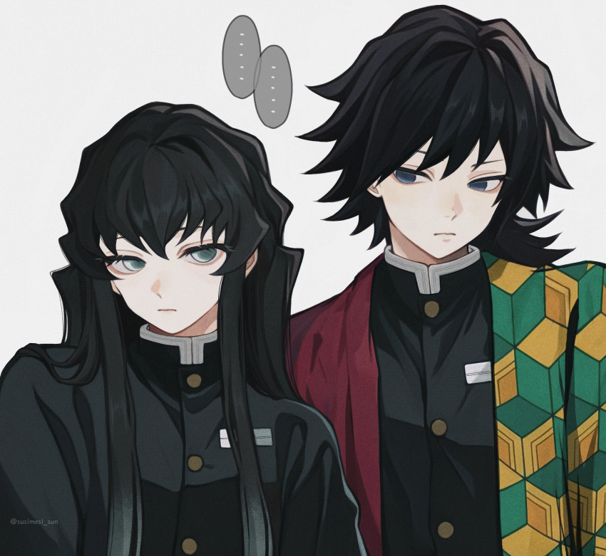 ..., 2boys, black_hair, black_jacket, buttons, closed_mouth, demon_slayer_uniform, gold_buttons