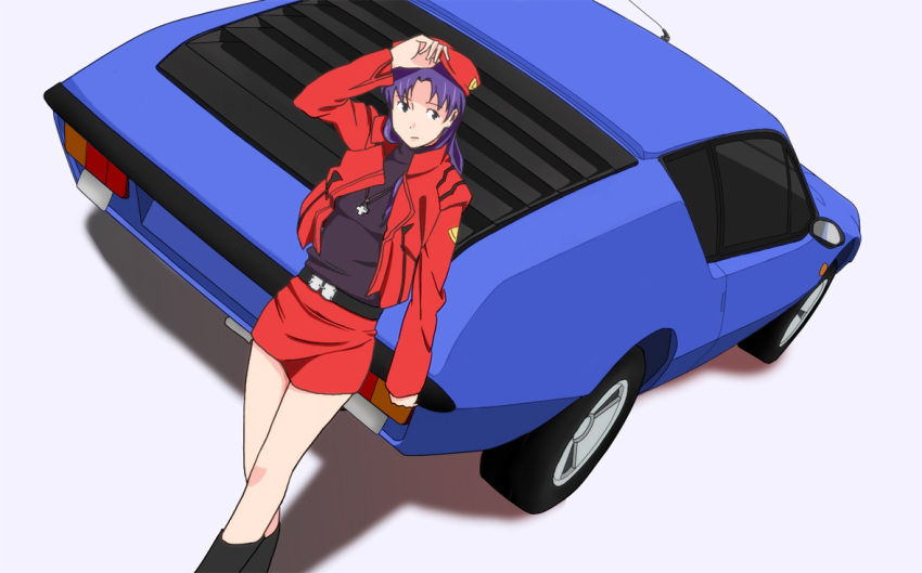 cross, dutch_angle, katsuragi_misato, motor_vehicle, neon_genesis_evangelion, no_legwear, oge, renault