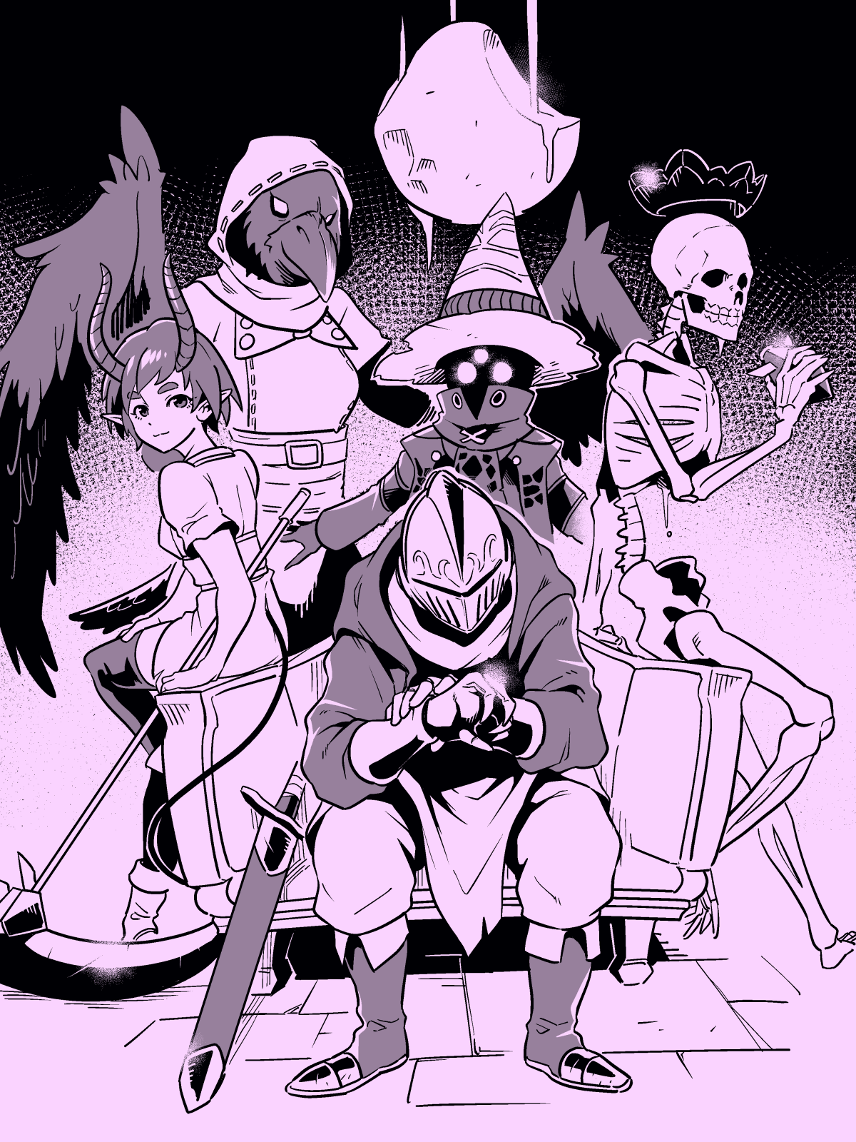 2girls, 3others, armor, bird, bottle, breastplate, chair, clive_(lunacid)