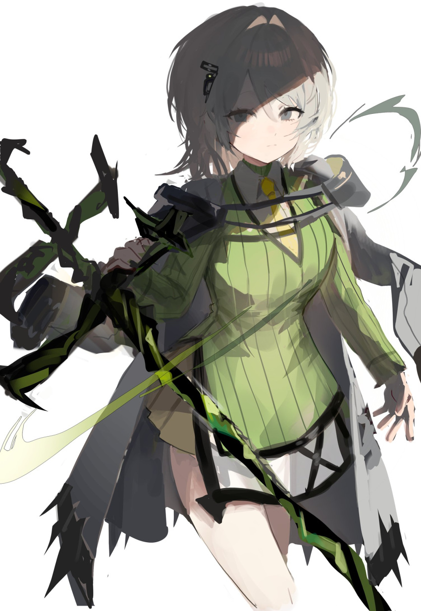 1girl, arknights, breasts, collared_shirt, command:meltdown_(e.g.o), commentary_request, cowboy_shot, dress