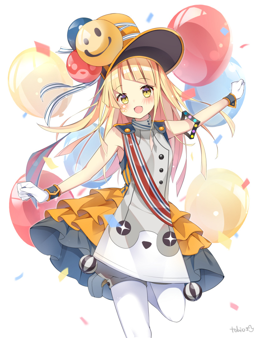1girl, :d, balloon, bang_dream!, bare_shoulders, blonde_hair, blush, commentary_request