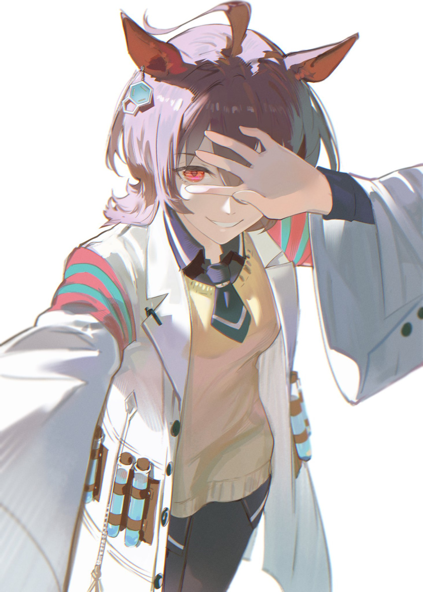 1girl, agnes_tachyon_(tach-nology)_(umamusume), agnes_tachyon_(umamusume), ahoge, animal_ears, black_necktie, black_pantyhose, breasts, brown_hair, coat, collared_shirt, commentary, cork, earrings, english_commentary, fireraccoon, grin, hair_between_eyes, hand_over_eye, highres, horse_ears, horse_girl, horse_tail, huge_ahoge, jewelry, lab_coat, long_sleeves, looking_at_viewer, necktie, open_mouth, pantyhose, red_eyes, shirt, short_hair, short_necktie, simple_background, single_earring, smile, solo, sweater, sweater_vest, tail, test_tube, umamusume, white_background, white_coat, wolf_cut, yellow_sweater, yellow_sweater_vest