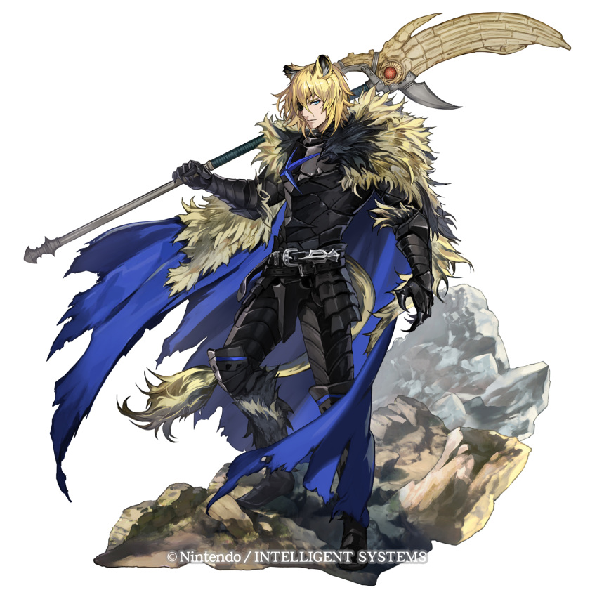 1boy, animal_ears, areadbhar_(fire_emblem), armor, black_armor, blonde_hair, blue_cape, blue_eyes, cape, claws, closed_mouth, commentary_request, copyright_notice, dimitri_alexandre_blaiddyd, dimitri_alexandre_blaiddyd_(shadows), eyepatch, fire_emblem, fire_emblem_shadows, fur-trimmed_cape, fur_trim, highres, holding, holding_polearm, holding_weapon, lion_boy, lion_ears, lion_tail, looking_at_viewer, male_focus, nijihayashi, official_art, over_shoulder, polearm, tail, weapon, weapon_over_shoulder, white_background