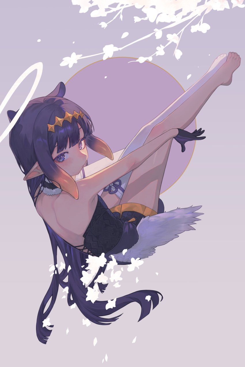 1girl, absurdres, bare_shoulders, black_collar, black_dress, black_gloves, blunt_bangs, closed_mouth, collar, cross-laced_clothes, cross-laced_dress, detached_sleeves, dress, feathered_wings, full_body, fur-trimmed_collar, fur_trim, gloves, gradient_hair, half_gloves, halo, highres, hololive, hololive_english, kiwwwwwi, long_hair, looking_at_viewer, looking_back, low_wings, miniskirt, multicolored_hair, ninomae_ina'nis, ninomae_ina'nis_(1st_costume), orange_hair, orange_skirt, pointy_ears, purple_hair, short_dress, shoulder_blades, sidelocks, single_bare_arm, single_bare_foot, single_detached_sleeve, single_thighhigh, skirt, skirt_under_dress, solo, straight_hair, strapless, strapless_dress, tabi, tentacle_hair, thigh-highs, tube_dress, very_long_hair, virtual_youtuber, white_thighhighs, white_wings, wings