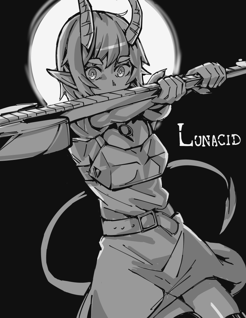 1girl, absurdres, album_cover_redraw, armor, belt, black_background, breastplate, commentary